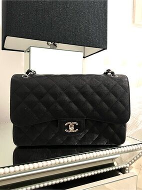 CHANEL Classic Double Flap Jumbo Bag in Black Caviar Leather